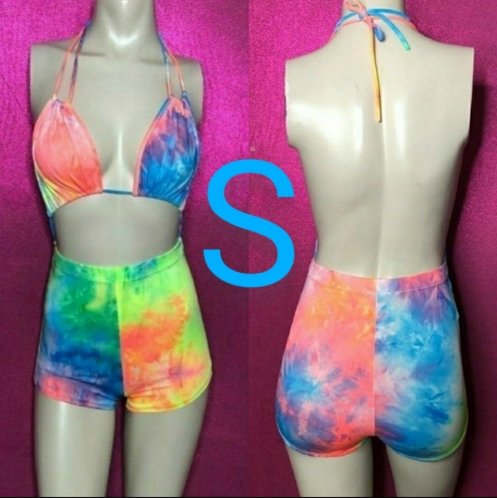 🆕Neon Multi Color Tie Dye One Piece Exotic Rave Wear Romper Size S